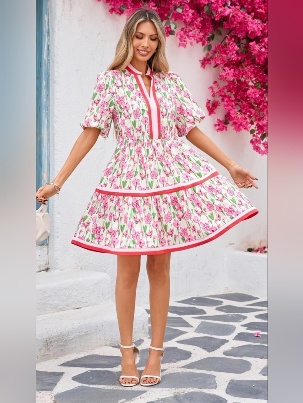Floral Babydoll Mini Dress Size L 12-14 Cotton Puff Sleeve Spring Summer - Picture 6 of 6